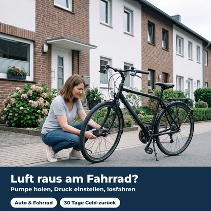 Frau pumpt Fahrradreifen vor deutschem Reihenhaus mit der Akku-Pumpe auf