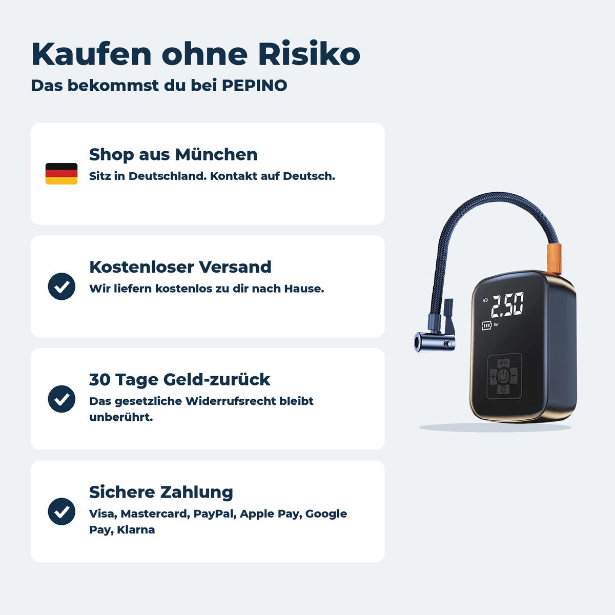 Kaufen ohne Risiko: Shop aus München, kostenloser Versand, 30 Tage Geld-zurück, sichere Zahlung