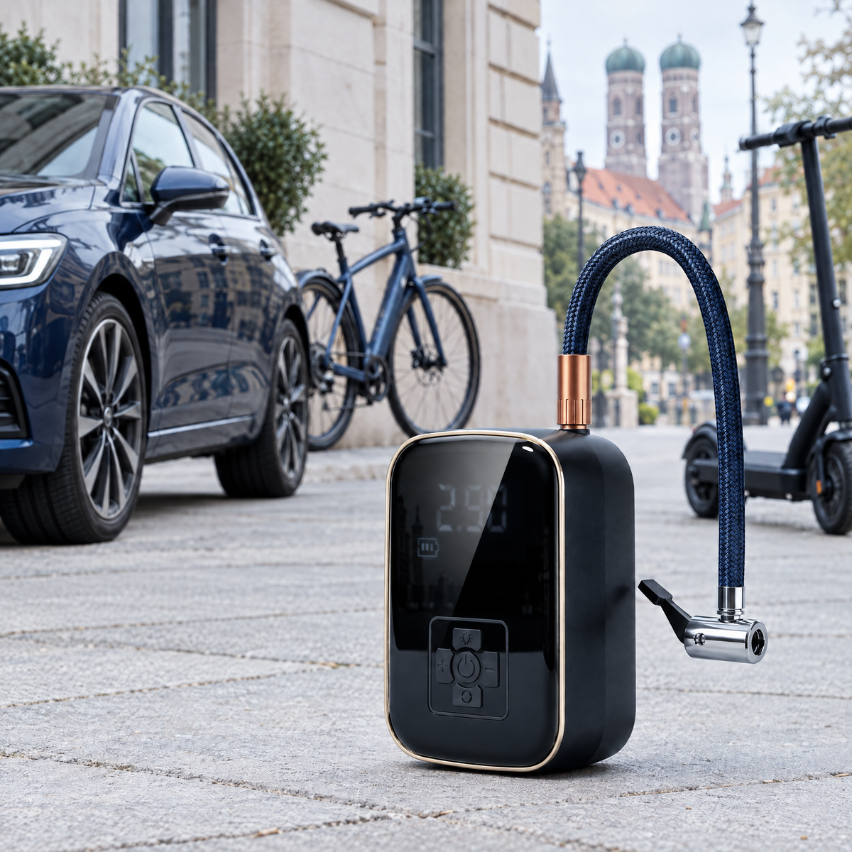 Akku-Reifenpumpe vor Auto, Fahrrad und E-Roller in der Münchner Altstadt