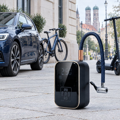 Akku-Reifenpumpe vor Auto, Fahrrad und E-Roller in der Münchner Altstadt