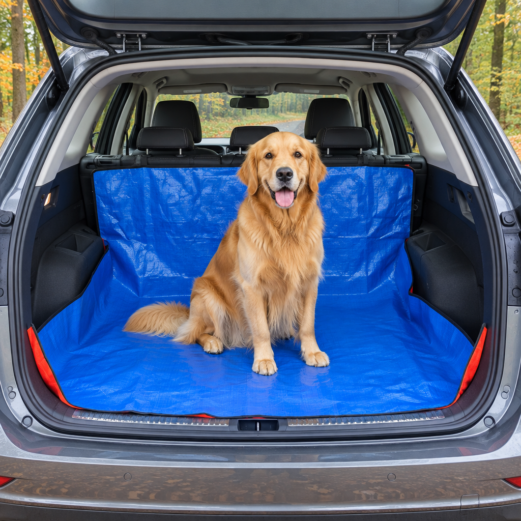 MobiMat Kofferraummatte in blau im Kombi mit sitzendem Golden Retriever