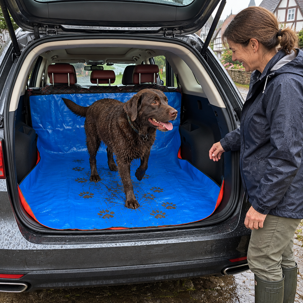 Nasser Hund springt in den Kofferraum, Pfotenabdrücke nur auf der MobiMat