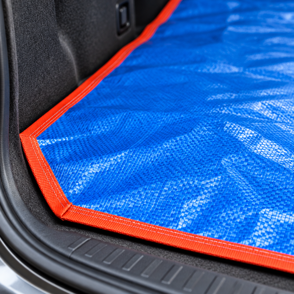MobiMat Detail: Gewebe und Kantenbesatz der Kofferraummatte
