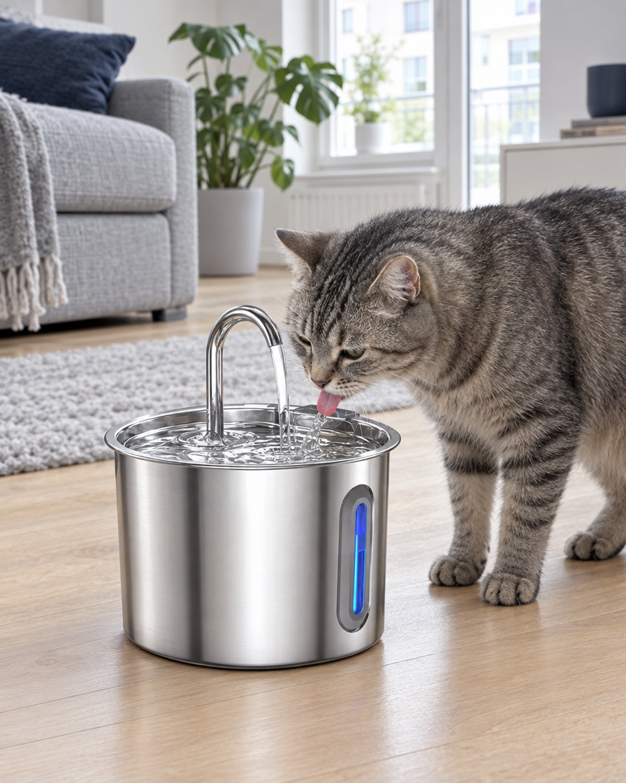 Graue Tigerkatze trinkt aus dem Whiskerwell Edelstahl-Trinkbrunnen im Wohnzimmer