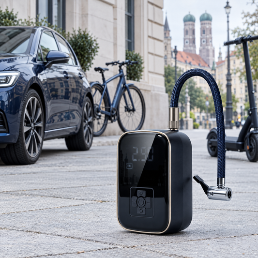 Akku-Reifenpumpe vor Auto, Fahrrad und E-Roller in der Münchner Altstadt