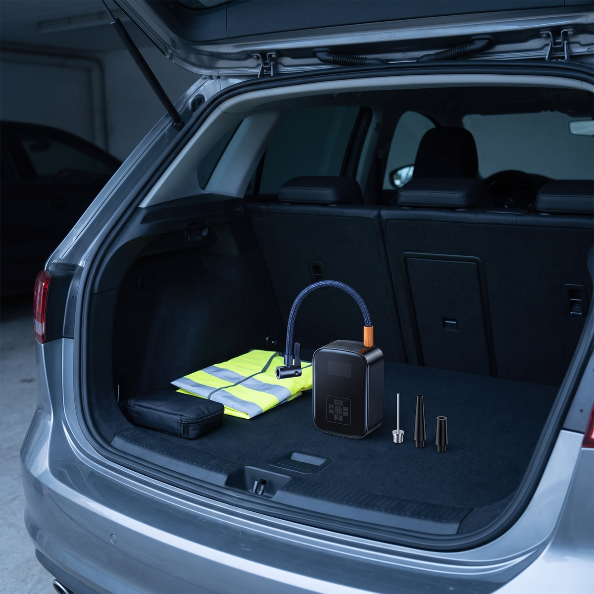 Akku-Reifenpumpe mit Adaptern im Kofferraum
